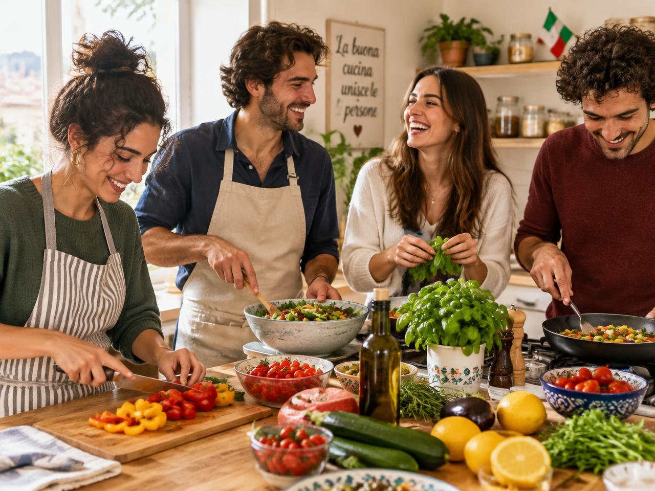 Amici che cucinano insieme un pranzo sano